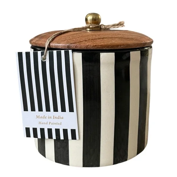 Hand Painted Striped Ceramic Canister w/ Wood Lid Made in India Black Cream NEW - Picture 1 of 15